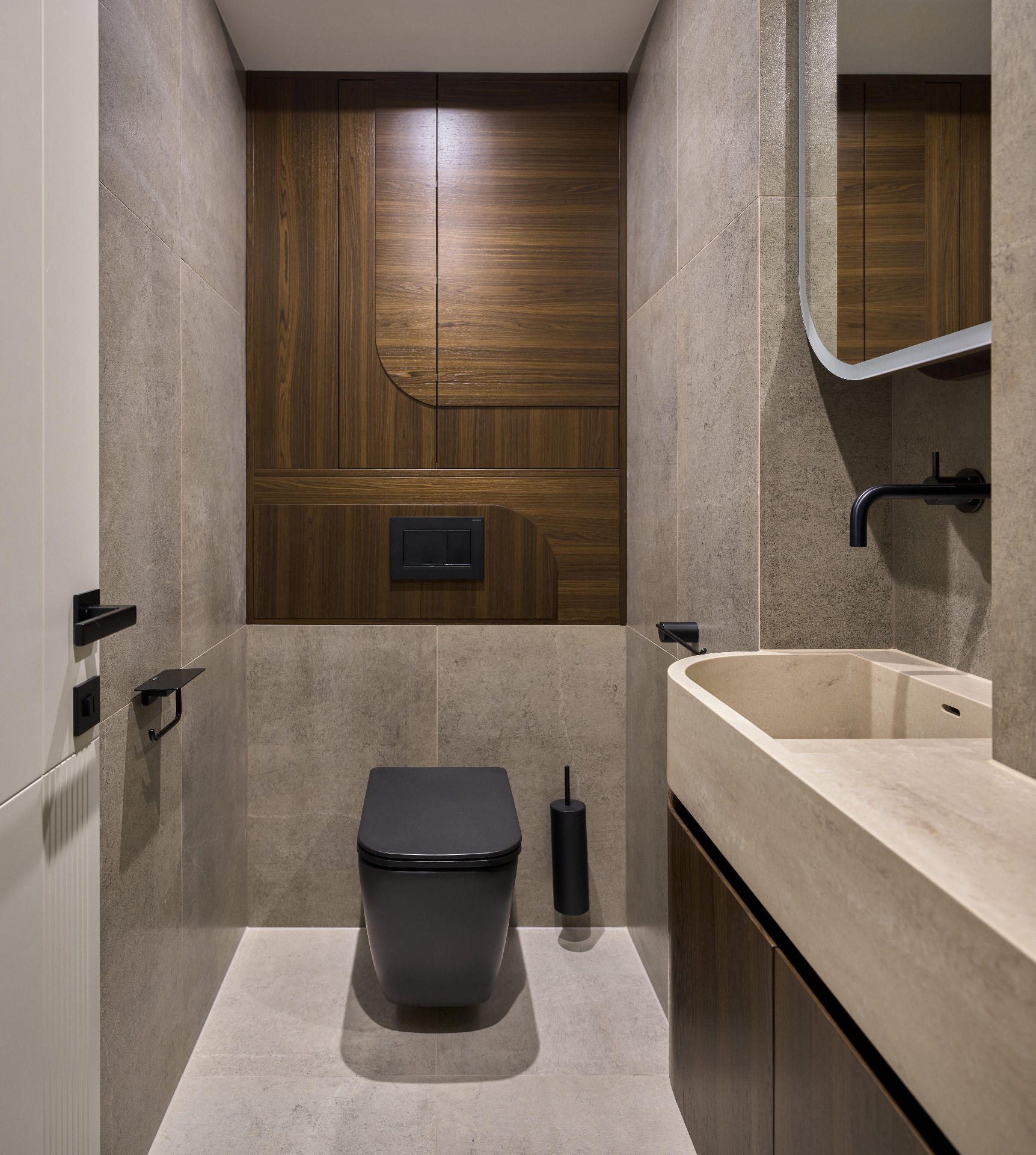 Stone & Oak Bath — contemporary bathroom with fluted oak vanity and grey quartz basin by Studio 32 — image 3