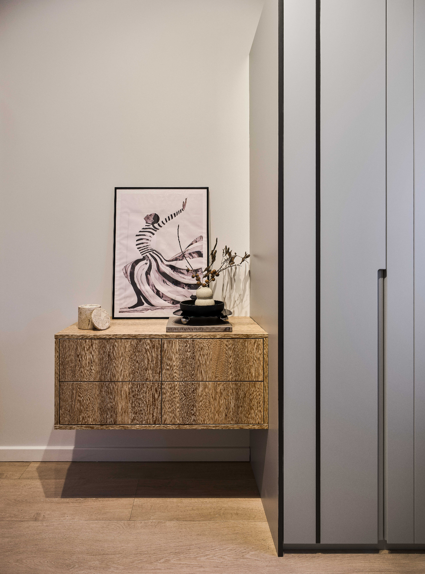 Stone & Oak Bath — contemporary bathroom with fluted oak vanity and grey quartz basin by Studio 32 — image 24