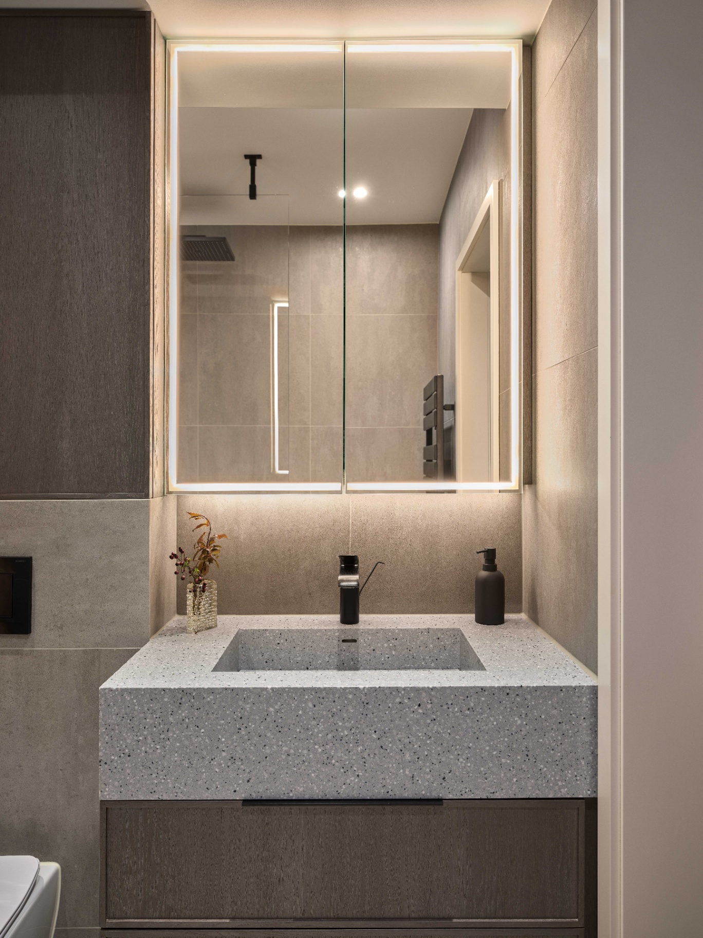 Stone & Oak Bath — contemporary bathroom with fluted oak vanity and grey quartz basin by Studio 32 — image 16