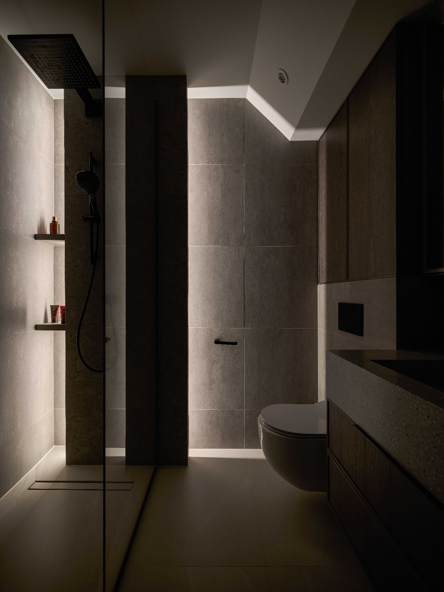 Stone & Oak Bath — contemporary bathroom with fluted oak vanity and grey quartz basin by Studio 32 — image 11