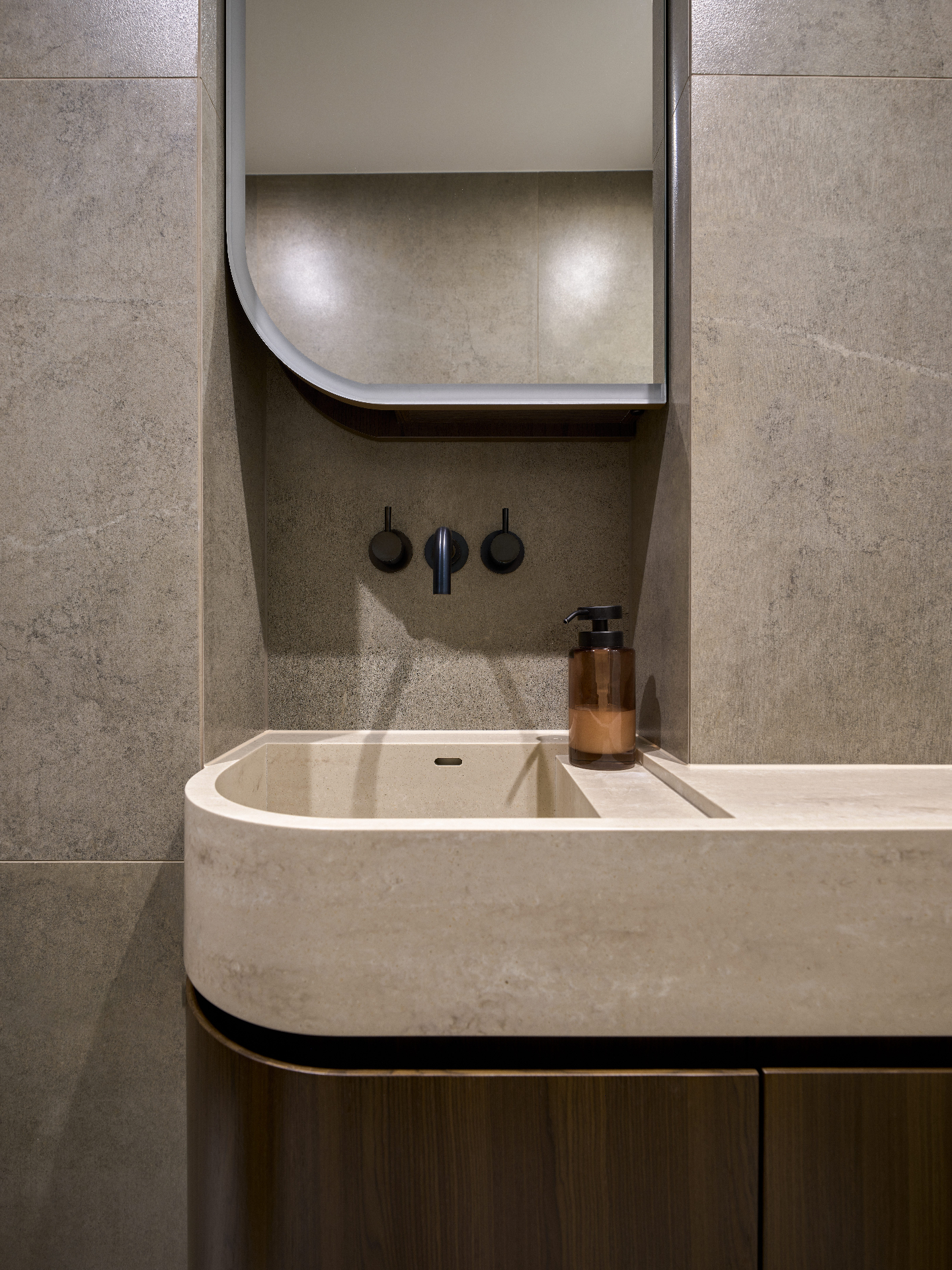 Stone & Oak Bath — contemporary bathroom with fluted oak vanity and grey quartz basin by Studio 32 — image 2