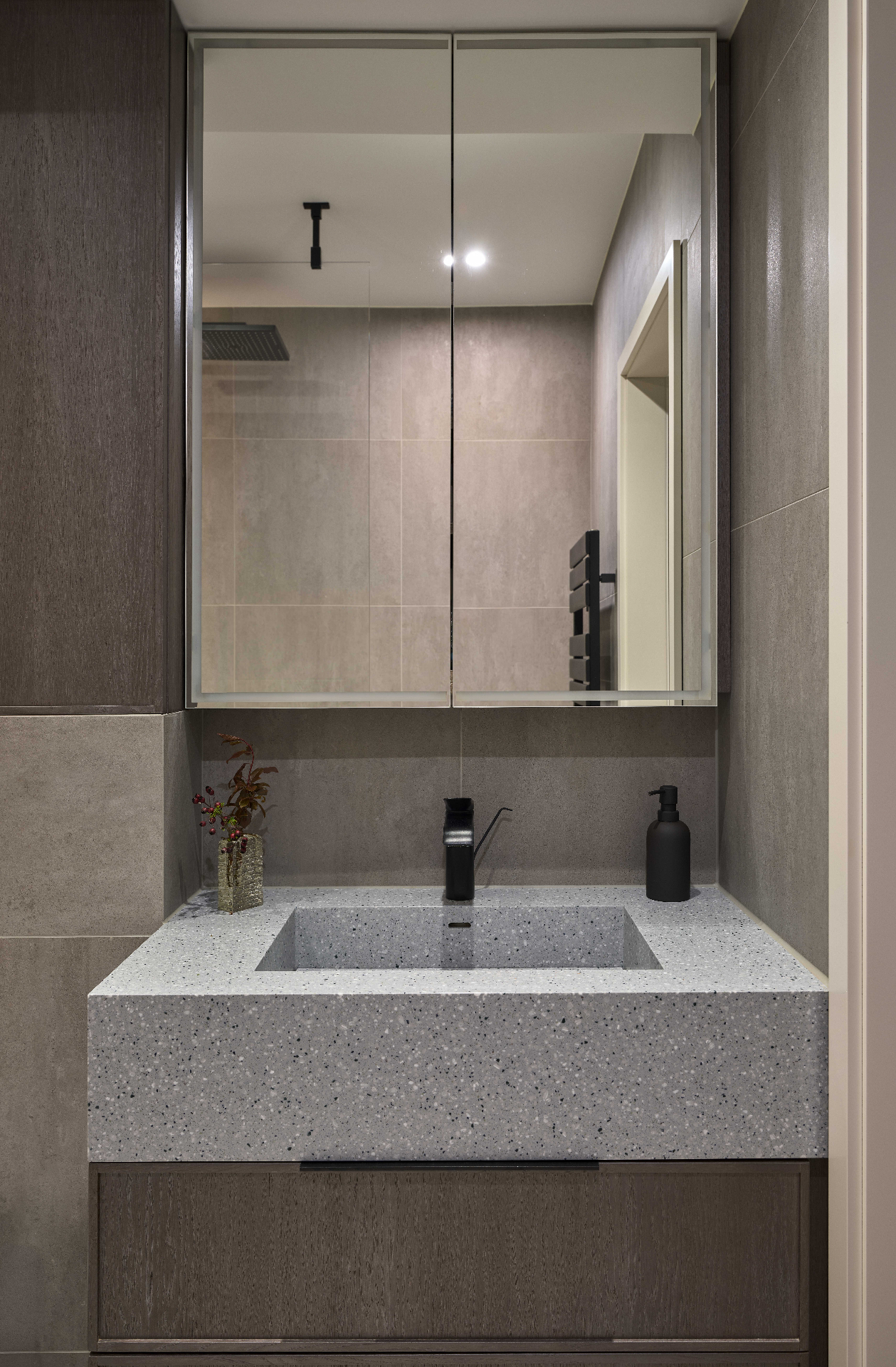 Stone & Oak Bath — contemporary bathroom with fluted oak vanity and grey quartz basin by Studio 32 — image 10