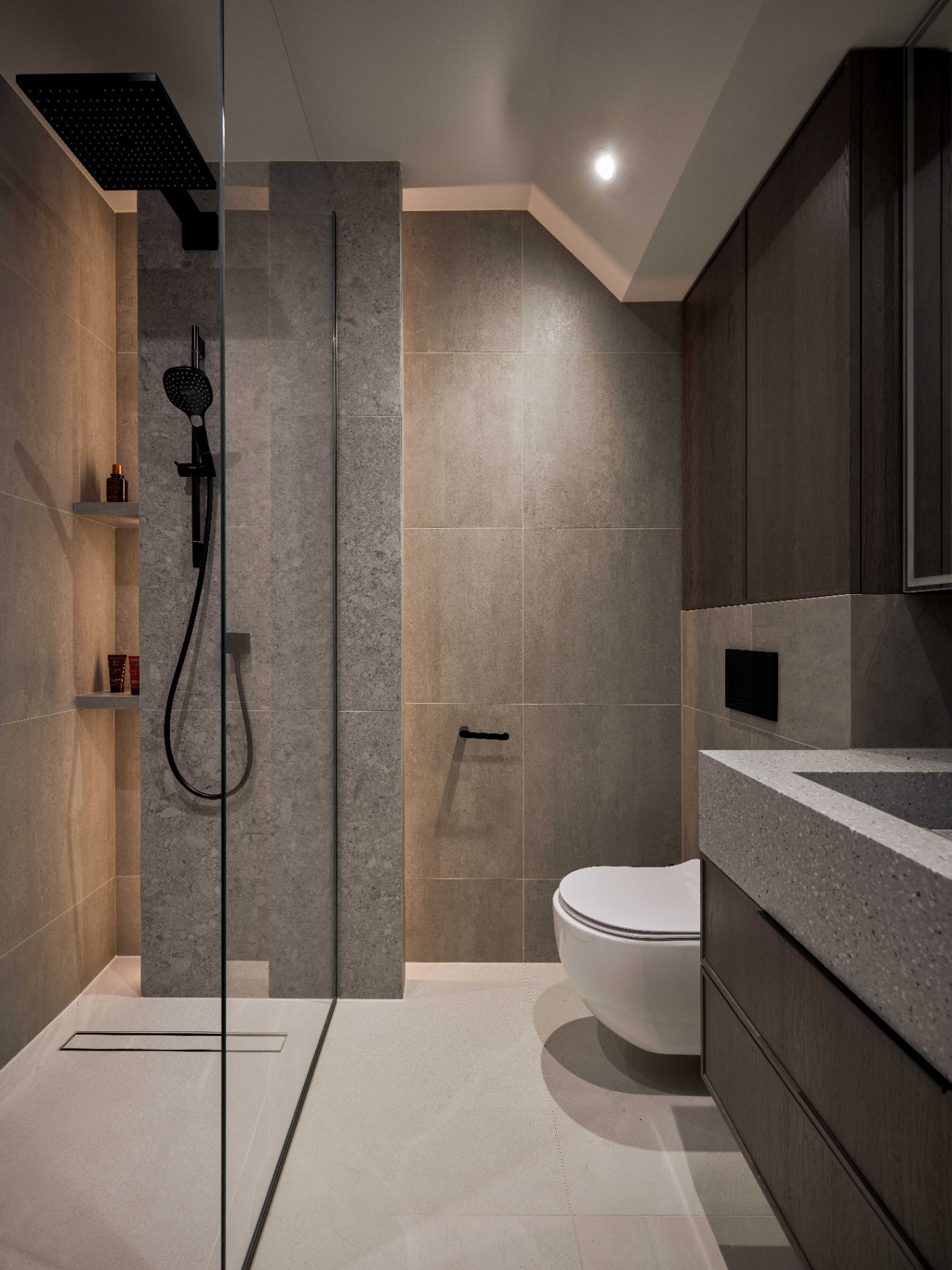 Stone & Oak Bath — contemporary bathroom with fluted oak vanity and grey quartz basin by Studio 32 — image 9