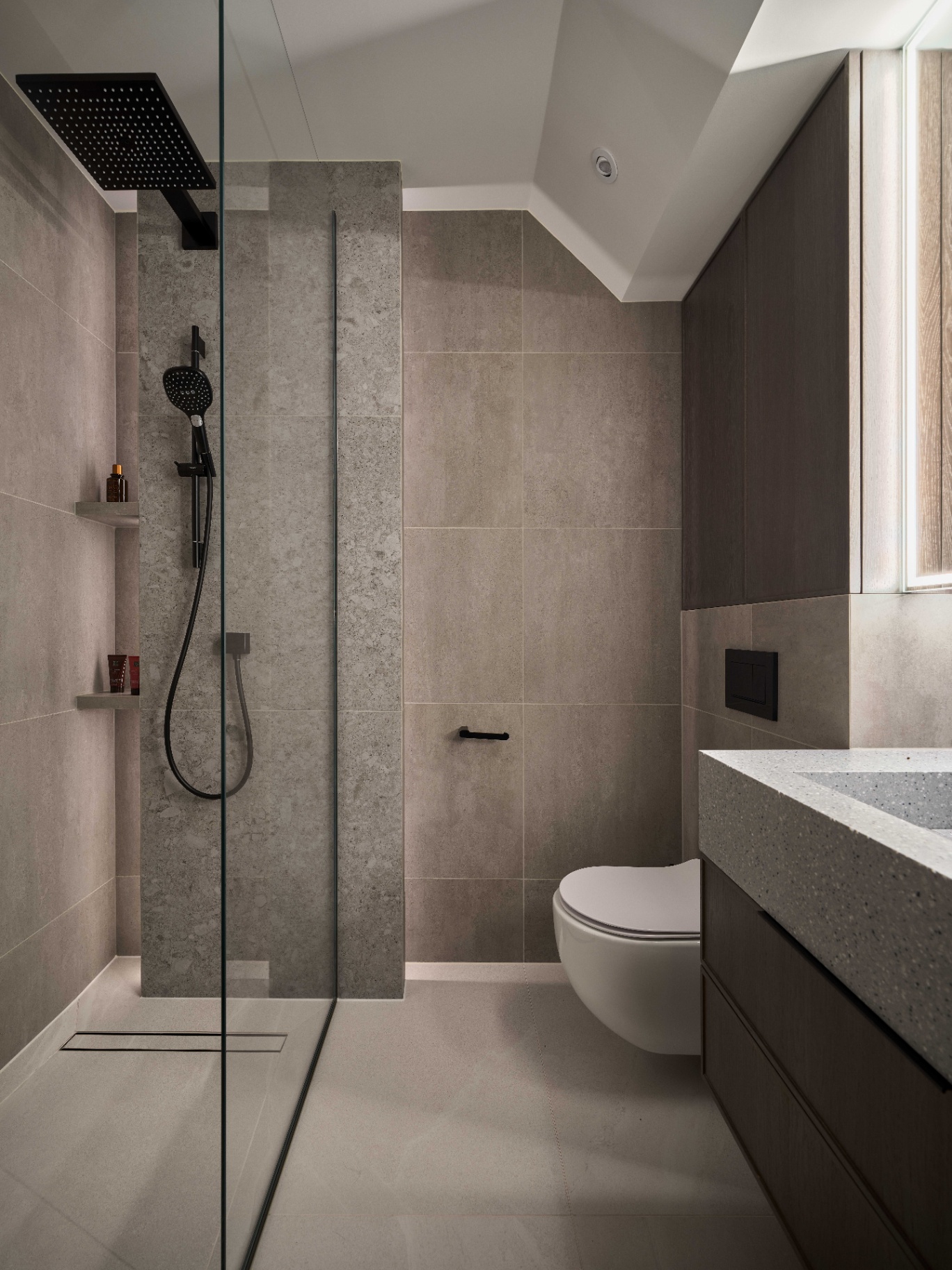 Stone & Oak Bath — contemporary bathroom with fluted oak vanity and grey quartz basin by Studio 32 — image 14